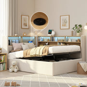 Daybed con contenitore idraulico; LED; USB e Type-C; velluto beige; 225x110x90 cm