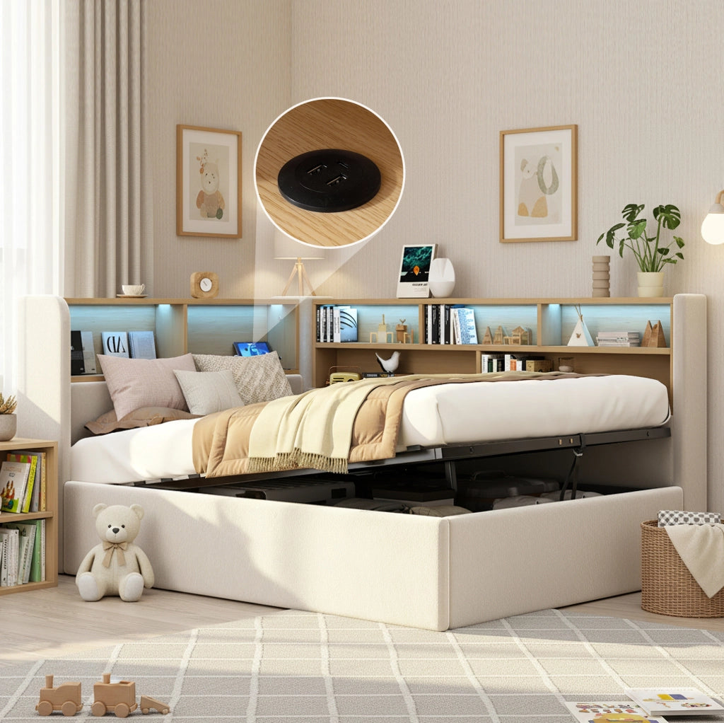 Daybed con contenitore idraulico; LED; USB e Type-C; velluto beige; 225x110x90 cm