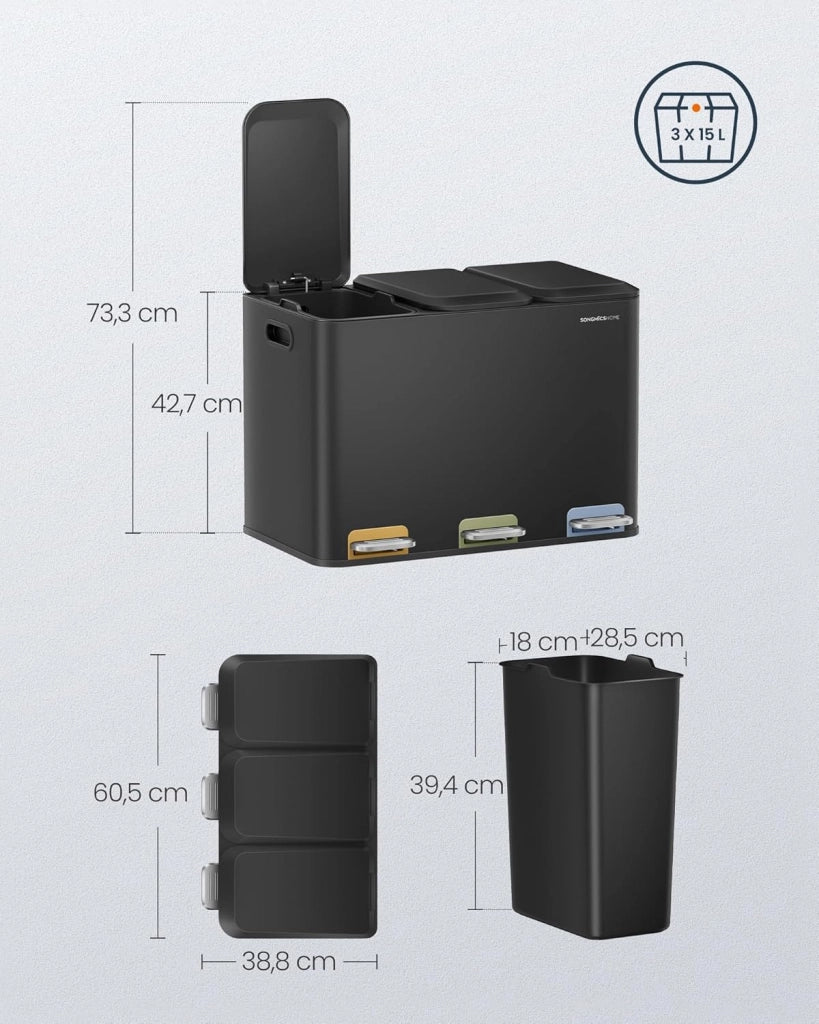 Cestino da Cucina Tripla, Pattumiera per Raccolta Differenziata 3 x 15 L con Pedali Colorati, Raccolta Differenziata, Coperchio e Secchi Interni, Acciaio, Nero Inchiostro