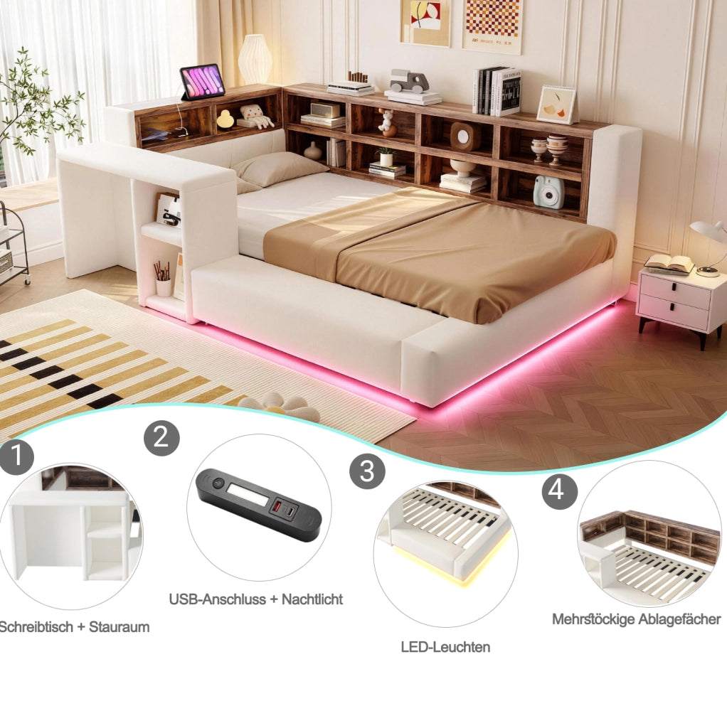 Letto imbottito 90x200 cm con contenitore; LED; prese integrate e comodino laterale; beige