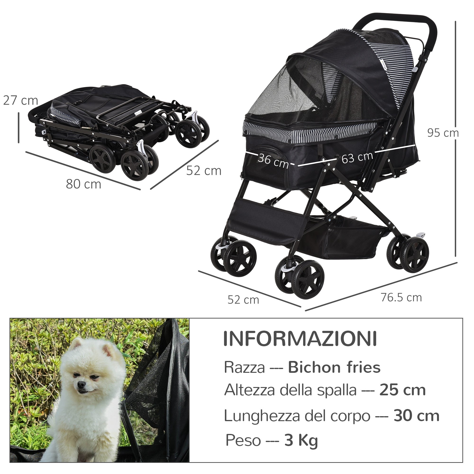 Passeggino per Cani Taglia Piccola 76,5x52x95 cm in Acciaio e Tessuto Oxford Nero