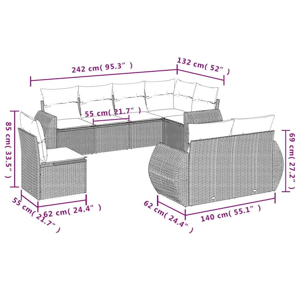 Set Divani da Giardino 8 pz con Cuscini Marrone in Polyrattan