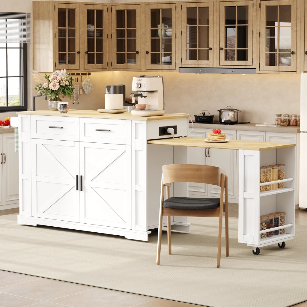 Isola da cucina mobile con piano estraibile, 2 cassetti, mobile con anta doppia, ripiano regolabile, presa integrata e 7 ruote