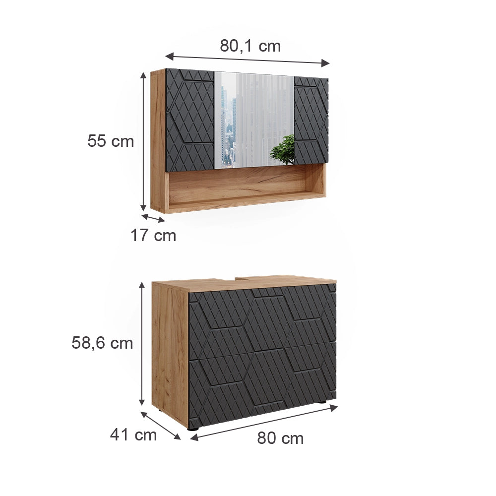 Vicco Set mobili bagno Antracite con struttura a nido d'ape 2 parti, base 80 cm