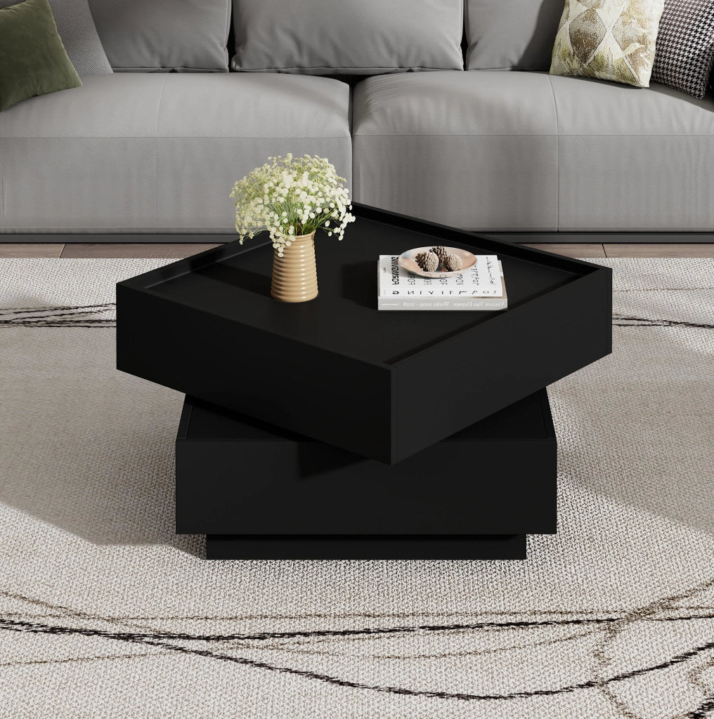 Tavolino da caffè girevole a 360° con 2 cassetti e 2 ripiani; 60x60x38 cm; nero; in truciolare