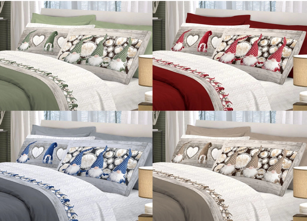 Completo Lenzuola Linea Pensieri Delicati 100% Cotone Disegno Gnomi - Matrimoniale - Rosso