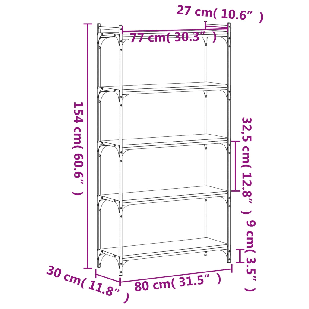 Libreria 5 Ripiani-Scaffale per Libri-Mobile di Stoccaggio Grigio Sonoma 80x30x154cm Legno Multistrato