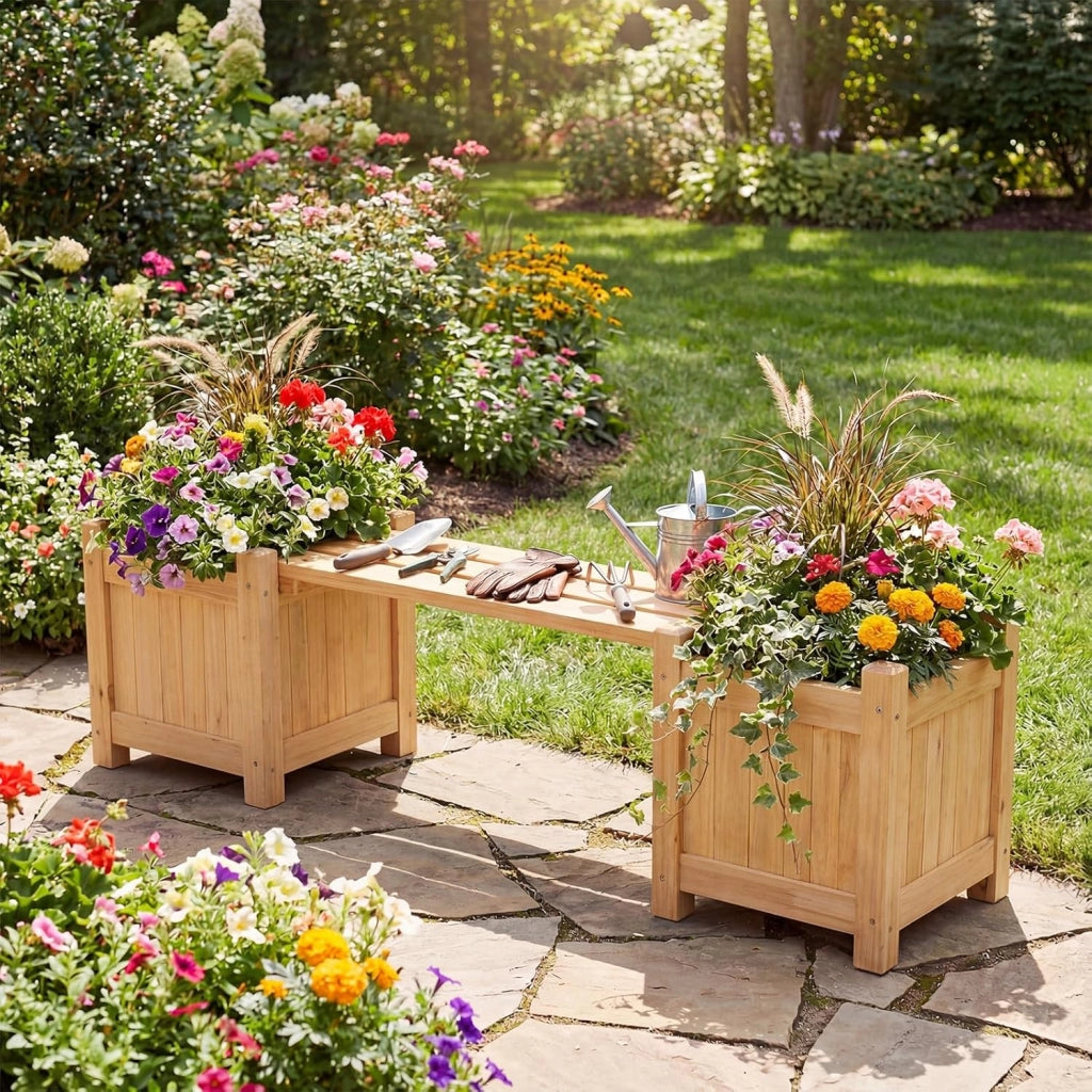 Fioriere da Esterno con Panchina, Letto Rialzato da Giardino in Legno Massello con e Base Aperta, Fioriere Elevate per Patio, Cortile e Veranda (Naturale, 105 x 26,5 x 29,5 cm)