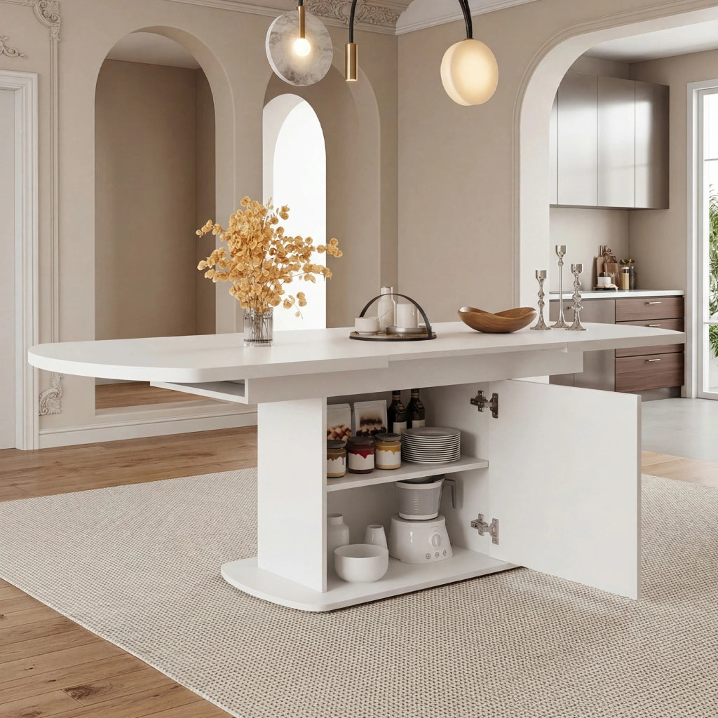 Tavolo da pranzo ovale estensibile con vani contenitori e armadi; per sala da pranzo; bianco argento; 140 × 80 × 75 cm