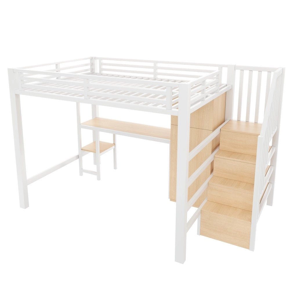 Letto a Soppalco con Scrivania, Armadio e Scala Contenitore ¨C MINIMAL ¨C Metallo Bianco 140x200