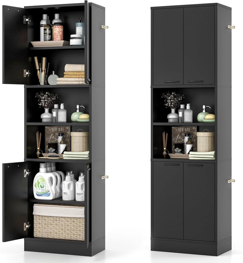 Credenza da Cucina Alta 190 cm con 4 Ante, 2 Scomparti Aperti e 6 Ripiani, 4 Kit Antiribaltamento, Armadio Portaoggetti per Cucina e Bagno