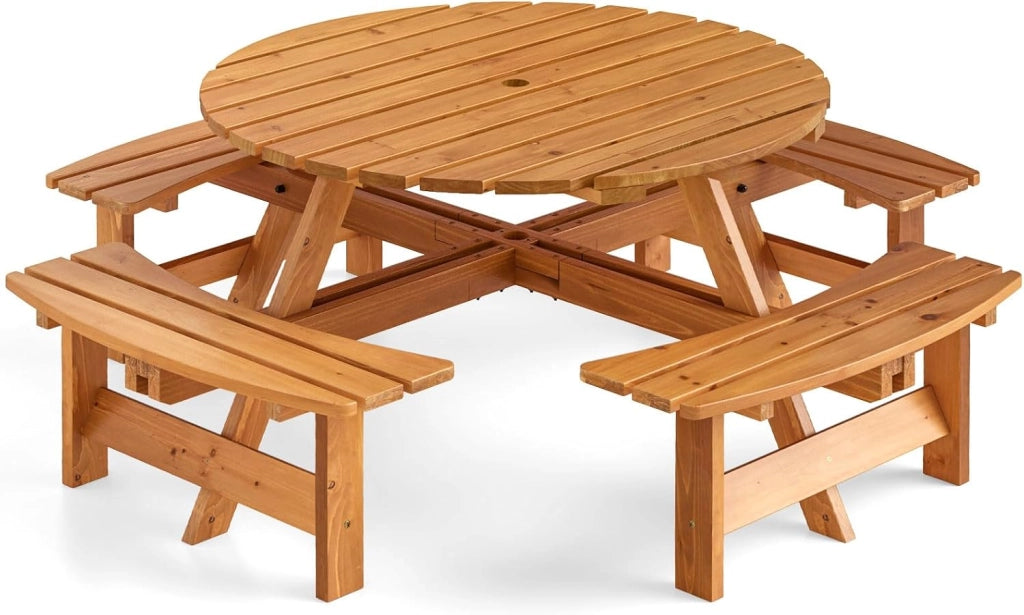 Set Tavolo da Giardino con 4 Panche Integrate, Legno Massiccio, con Foro Ombrellone, per 4-8 Persone, Tavolo Rotondo da Picnic per Esterno, Ogni Panca Porta 250 kg (Giallo, 179 x 179 x 70 cm)