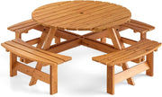 Set Tavolo da Giardino con 4 Panche Integrate, Legno Massiccio, con Foro Ombrellone, per 4-8 Persone, Tavolo Rotondo da Picnic per Esterno, Ogni Panca Porta 250 kg (Giallo, 179 x 179 x 70 cm)