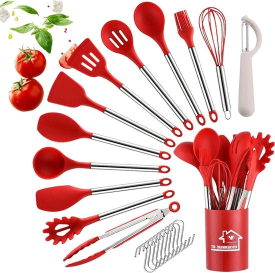 Set di utensili da cucina 23 pezzi con maniglia in acciaio inossidabile, rivestimento antiscivolo e resistente al calore - set di accessori da cucina siliconici con uncino e schiacciaspazio a lama dritta - rosso