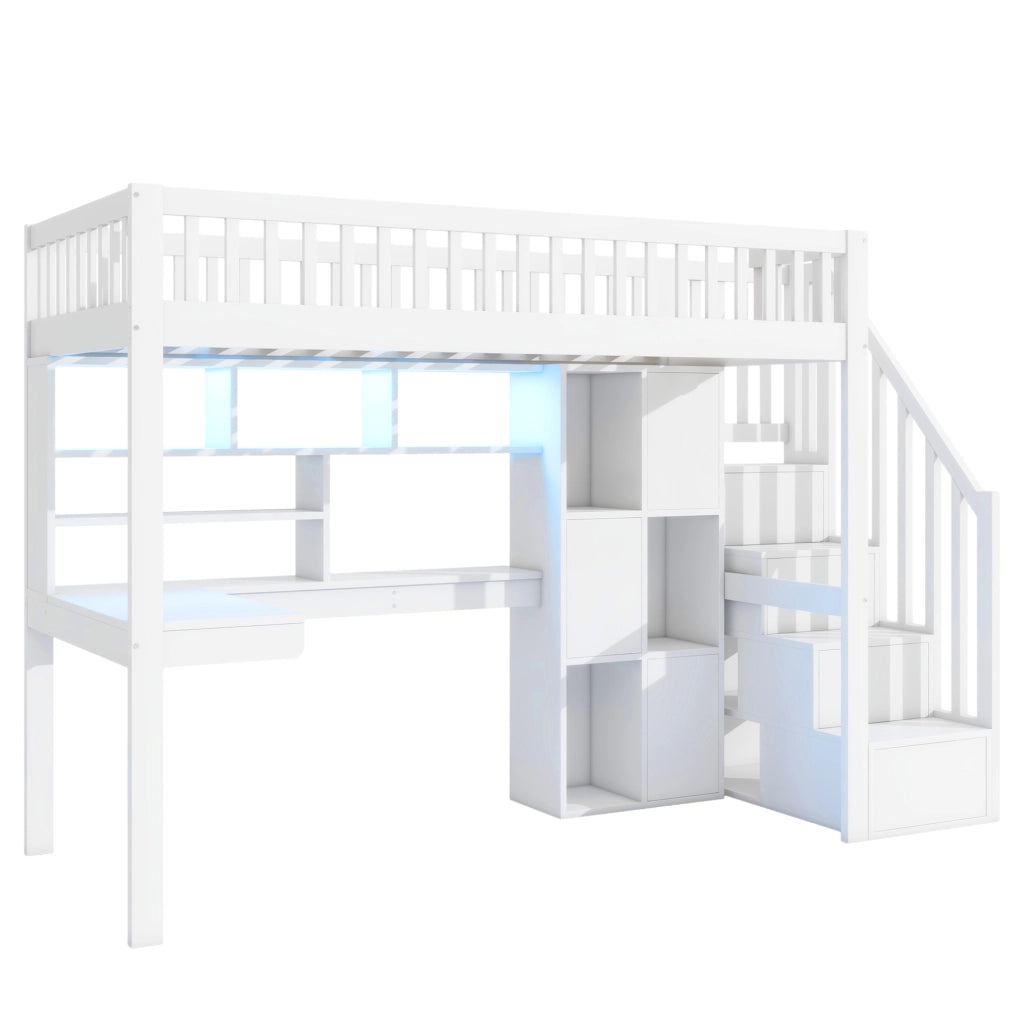 Letto a soppalco 90x200 cm con scrivania; scala contenitore e luce ambiente telecomandata bianco