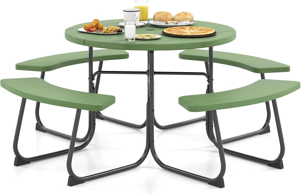 Set da giardino da picnic per 8 persone, tavolo da giardino rotondo con 4 panche, tavolo da birra con foro per ombrellone, set da giardino in HDPE, set per panca da birra (verde)