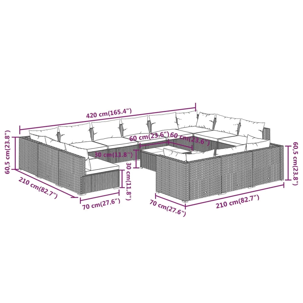 Set Divani da Giardino 14 pz con Cuscini in Polyrattan Marrone 3102115