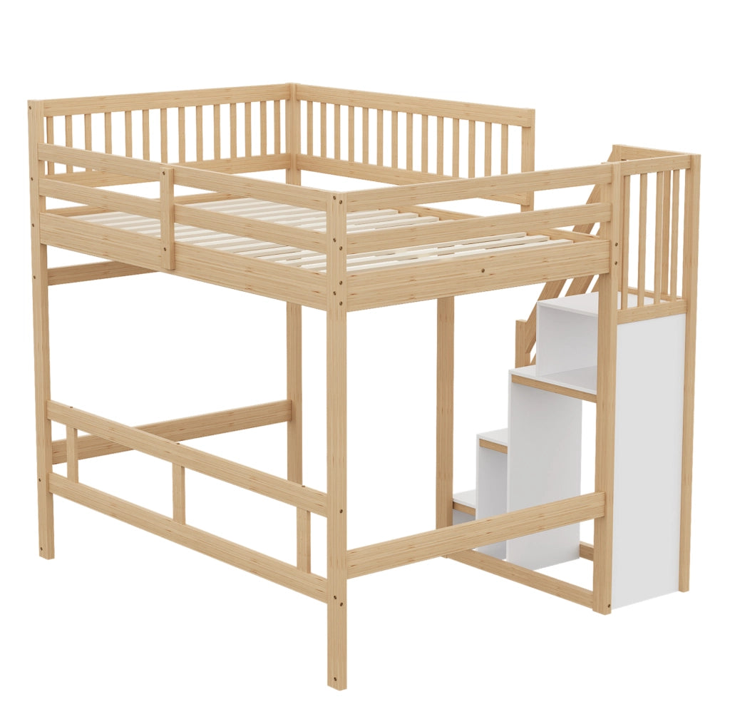 Letto singolo rialzato 140x200 cm in legno naturale con scala contenitore e sponda alta