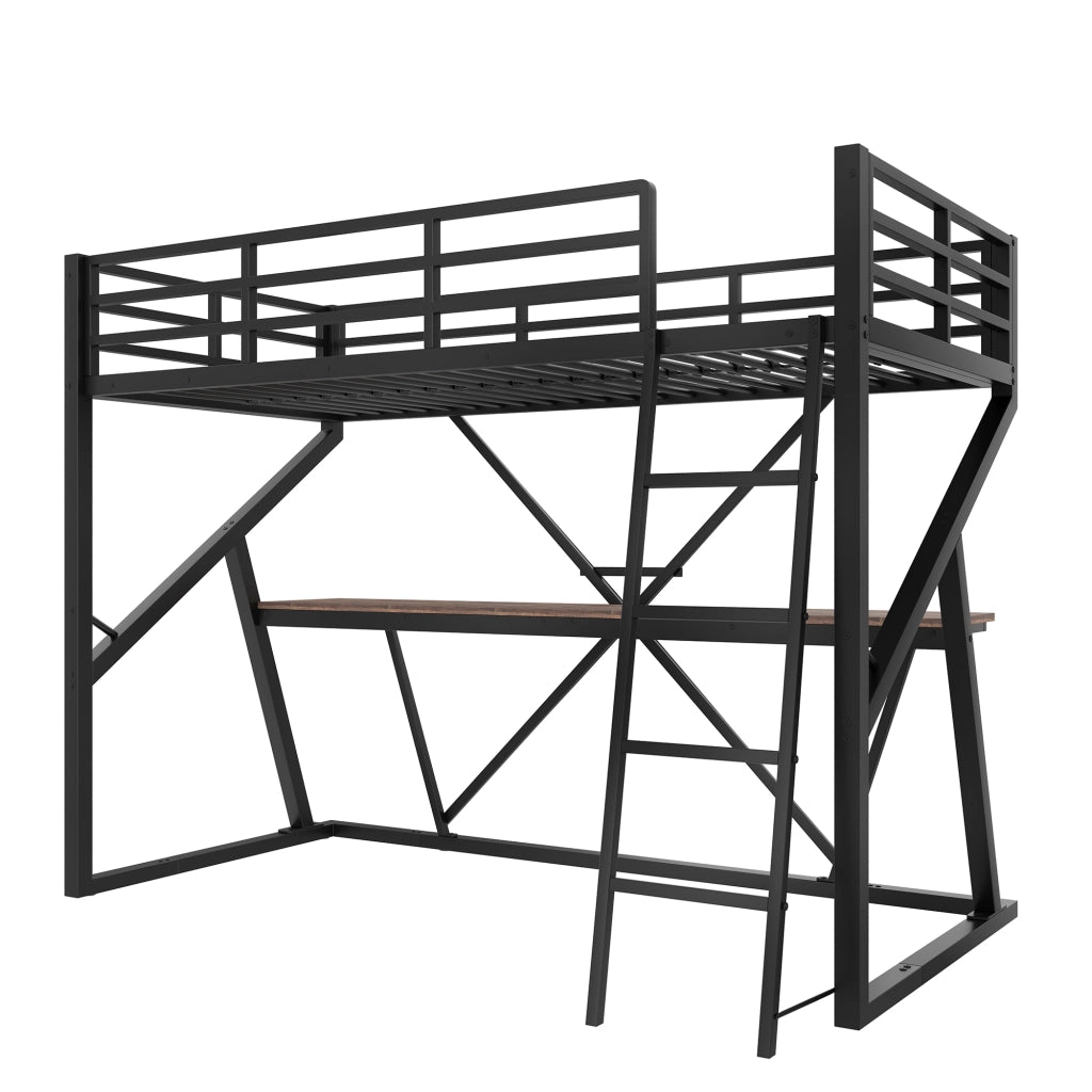 Letto a castello nero in metallo con funzione scrivania led e parapetto 90x200 cm