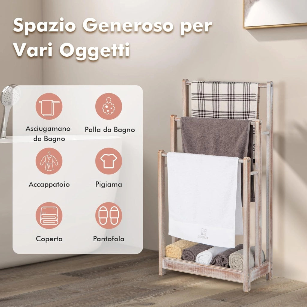 Portasciugamani in Legno da Terra, Porta Asciugamani a 3 Livelli con Mensola Inferiore, Dispositivo Anti-Ribaltamento, Supporto Leggero per Asciugamani da Bagno e Stanza Lavanderia (Bianco)