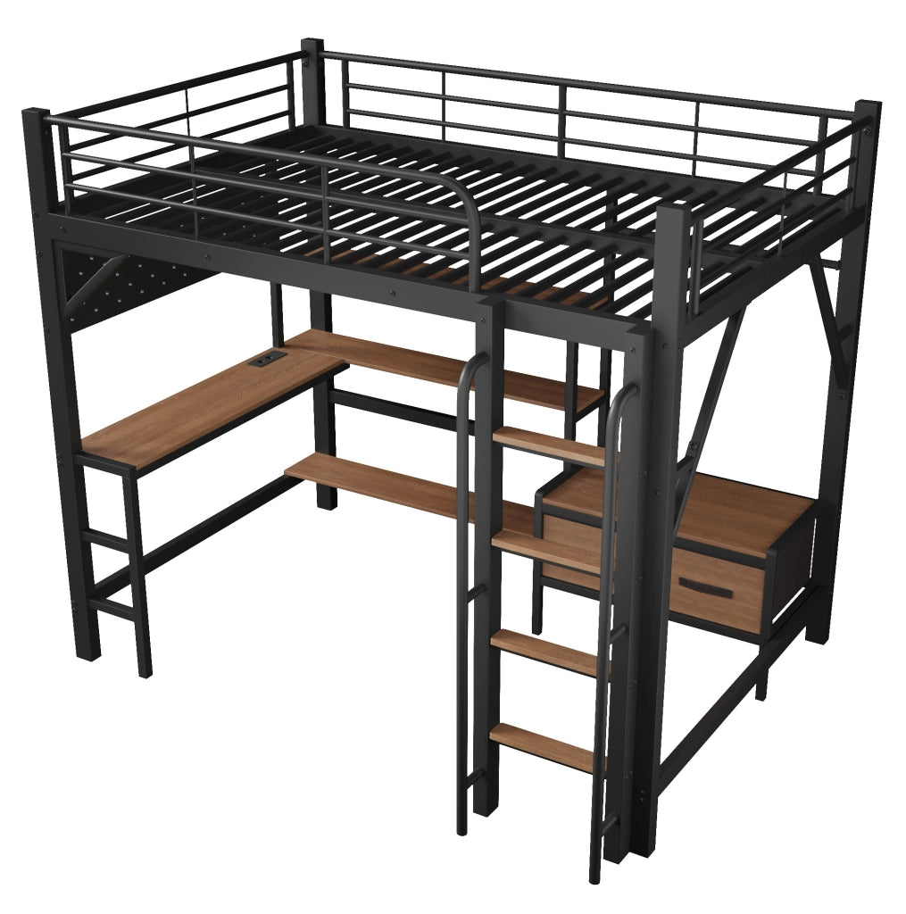 Letto a soppalco 140x200 cm con scrivania; LED; USB; ripiani e cassetti in tessuto; nero