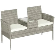 Divanetto per Esterni 2 Posti con Tavolino da Caffè, in Acciaio e Rattan PE, 137x59x82 cm, Grigio e Crema