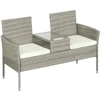 Divanetto per Esterni 2 Posti con Tavolino da Caffè, in Acciaio e Rattan PE, 137x59x82 cm, Grigio e Crema