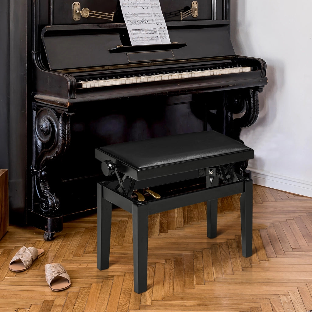 Panca per pianoforte regolabile in altezza, seduta in similpelle, struttura in legno di caucciù, nero, 63 x 33 x 45-56 cm