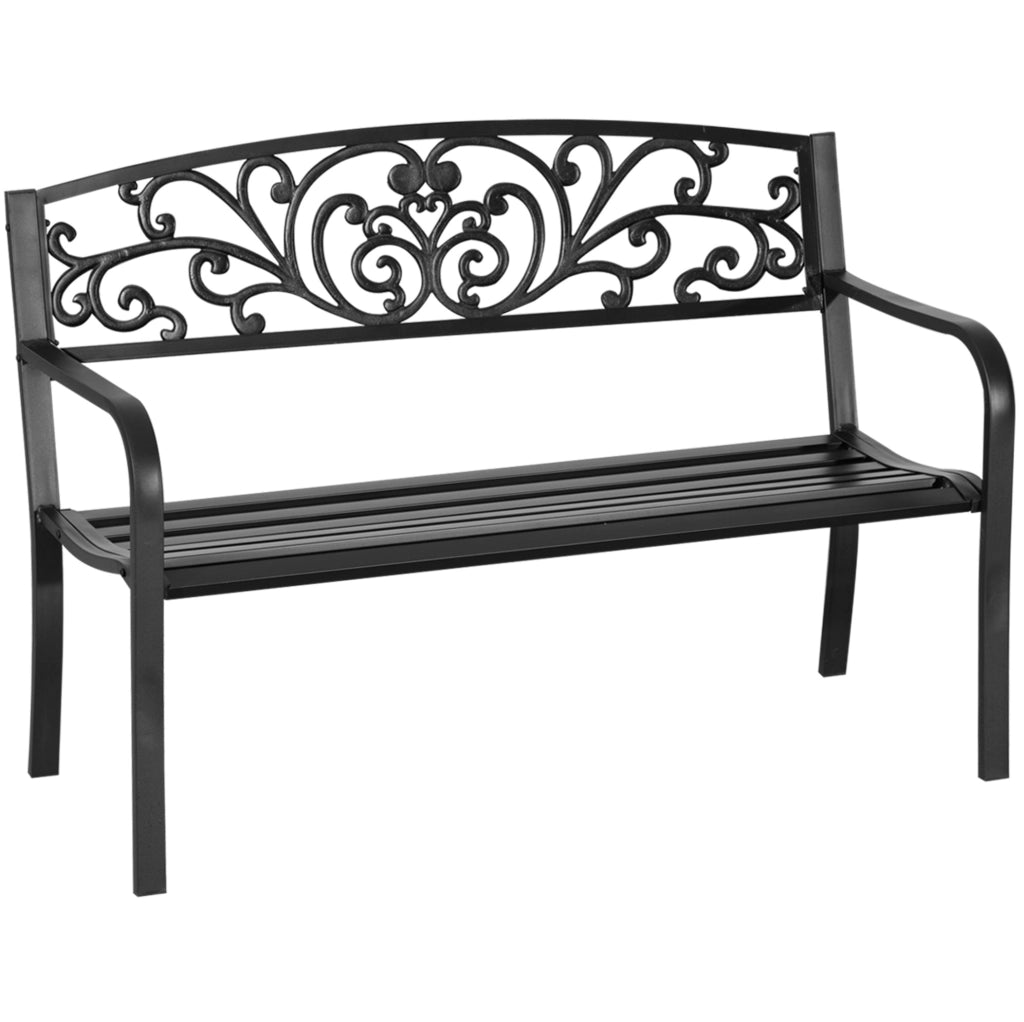 Panca da giardino 127x60x87 cm nera in metallo con schienale e braccioli