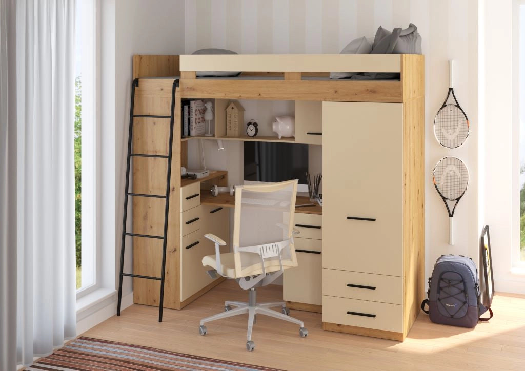 BIM Furniture letto soppalco con scrivania SMYK L cm110x204x188h Rovere scuro Crema