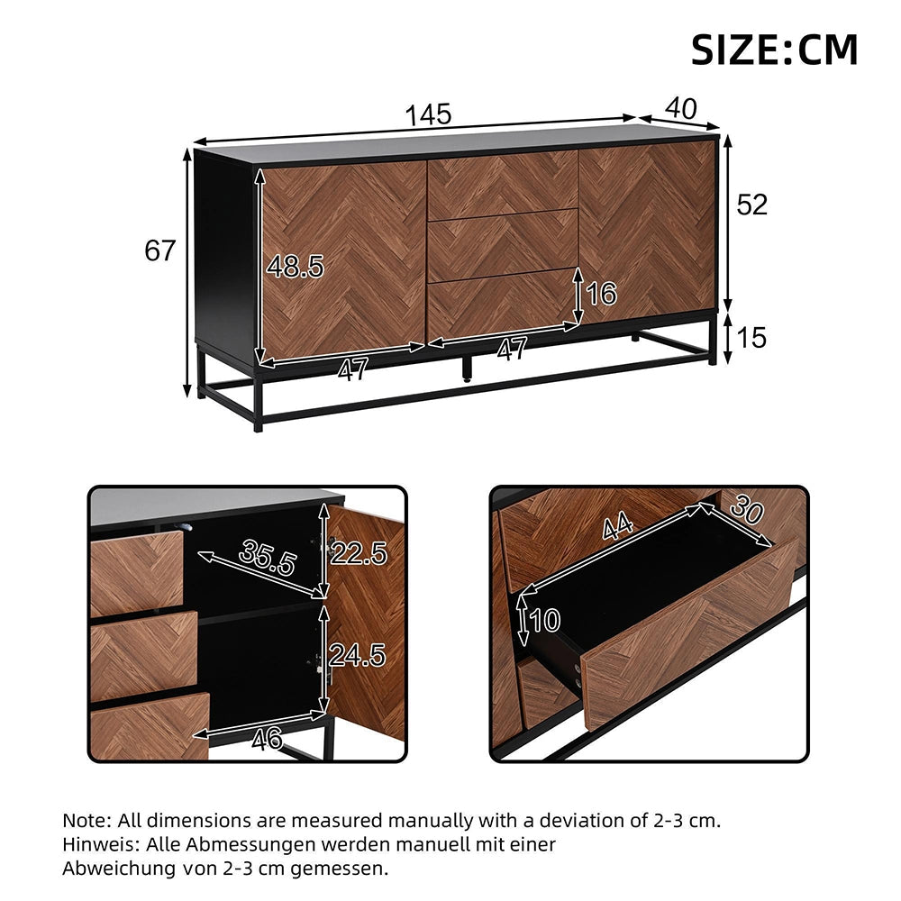 Credenza Soggiorno 145x40x67cm - Xylo - Moderna con 3 Cassetti e 2 Ante, Legno e Nero