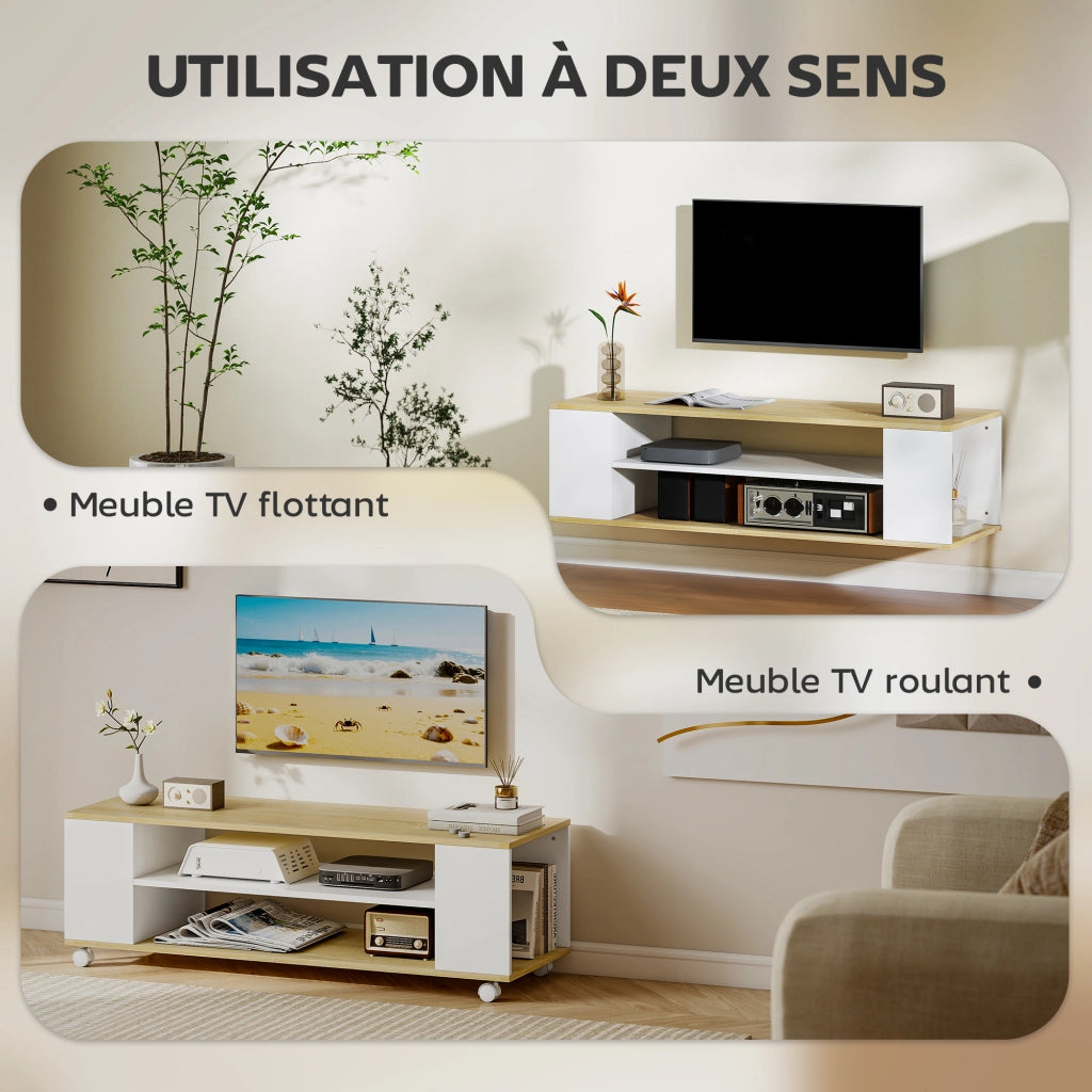 Mobile TV con ruote 120 cm ¨C zephmum ¨C bianco e naturale