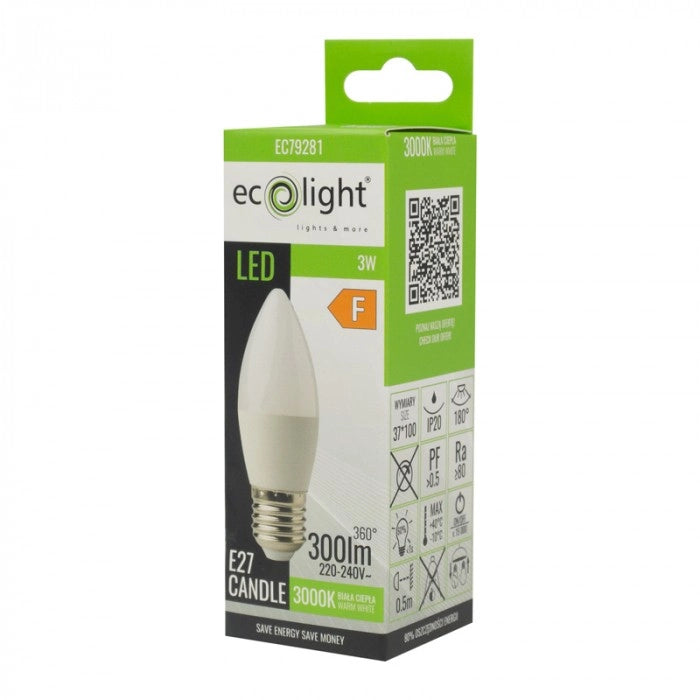 Lampadina LED candela E27 3W 270lm 3000K Ecolight antiflicker