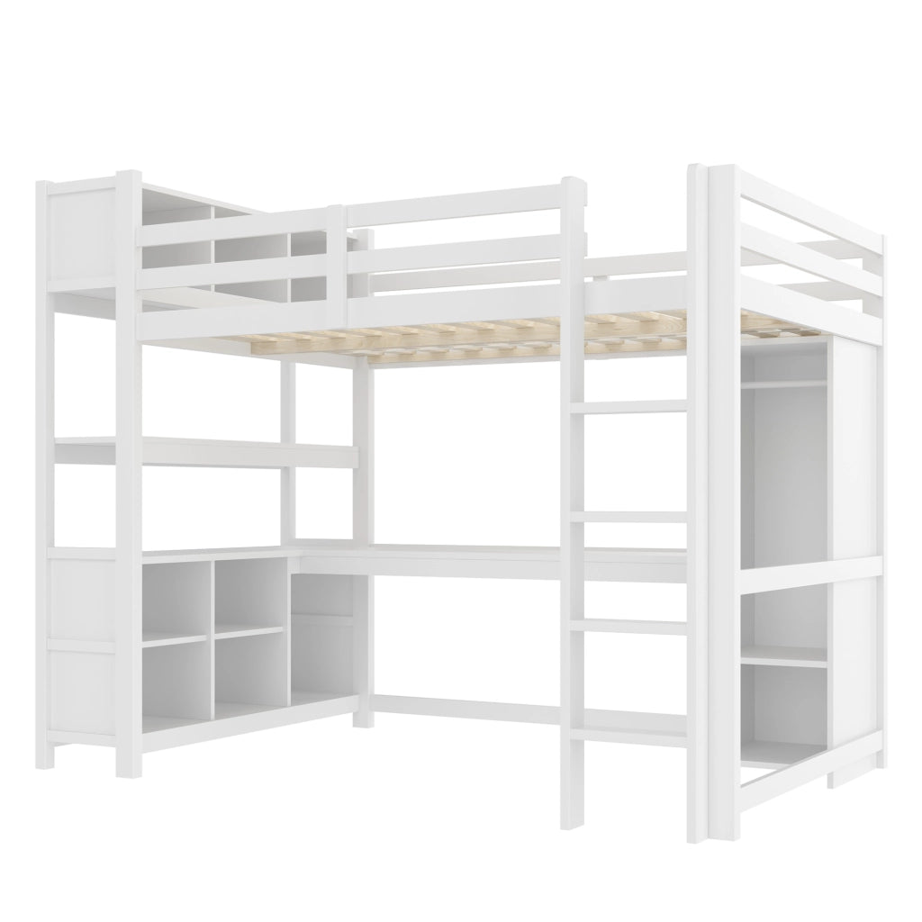 Letto a soppalco 140x200 cm con scrivania; scaffali e armadio; bianco