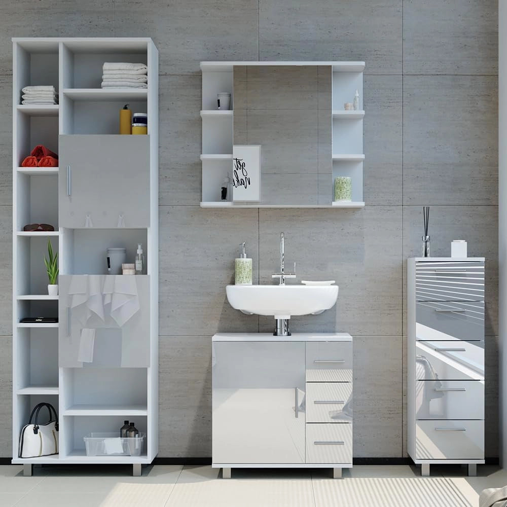 Set mobili bagno Ilias, Bianco lucido, 60 cm, composto da mobile lavabo, pensile a specchio, colonna e base media