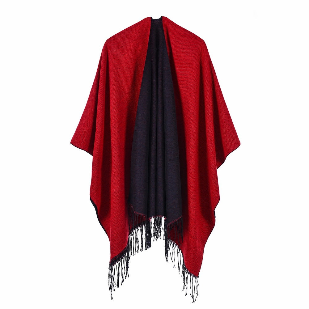 Sciarpa da donna in stile streetwear europeo e americano, scialle/mantella caldo/a doppio uso in tinta unita con nappe per autunno e inverno.