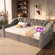 Divano letto imbottito 90x190 cm in velluto grigio chiaro; con 2 cassetti e porte USB/Type-C