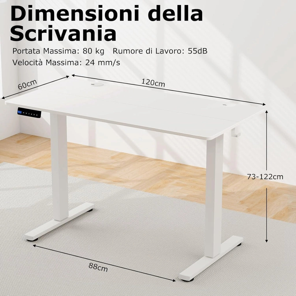 Scrivania Regolabile in Altezza, Scrivania con 3 Impostazioni di Altezza Memorizzabili, 2 Ganci e Gestione dei Cavi, Ideale per Ufficio e Casa, 120 x 60 x 73-122 cm (Bianco)