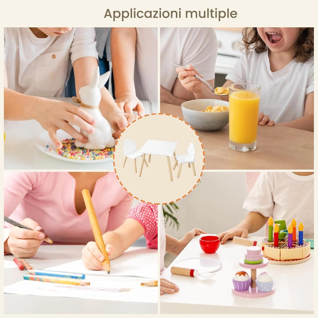 Set di Tavolo e Sedie per Bambini a 3 Pezzi, Tavolino Bambini con Sedie Montessori, Tavolo in Legno e 2 Sedie, per Cameretta, Camera da Letto, Bianco