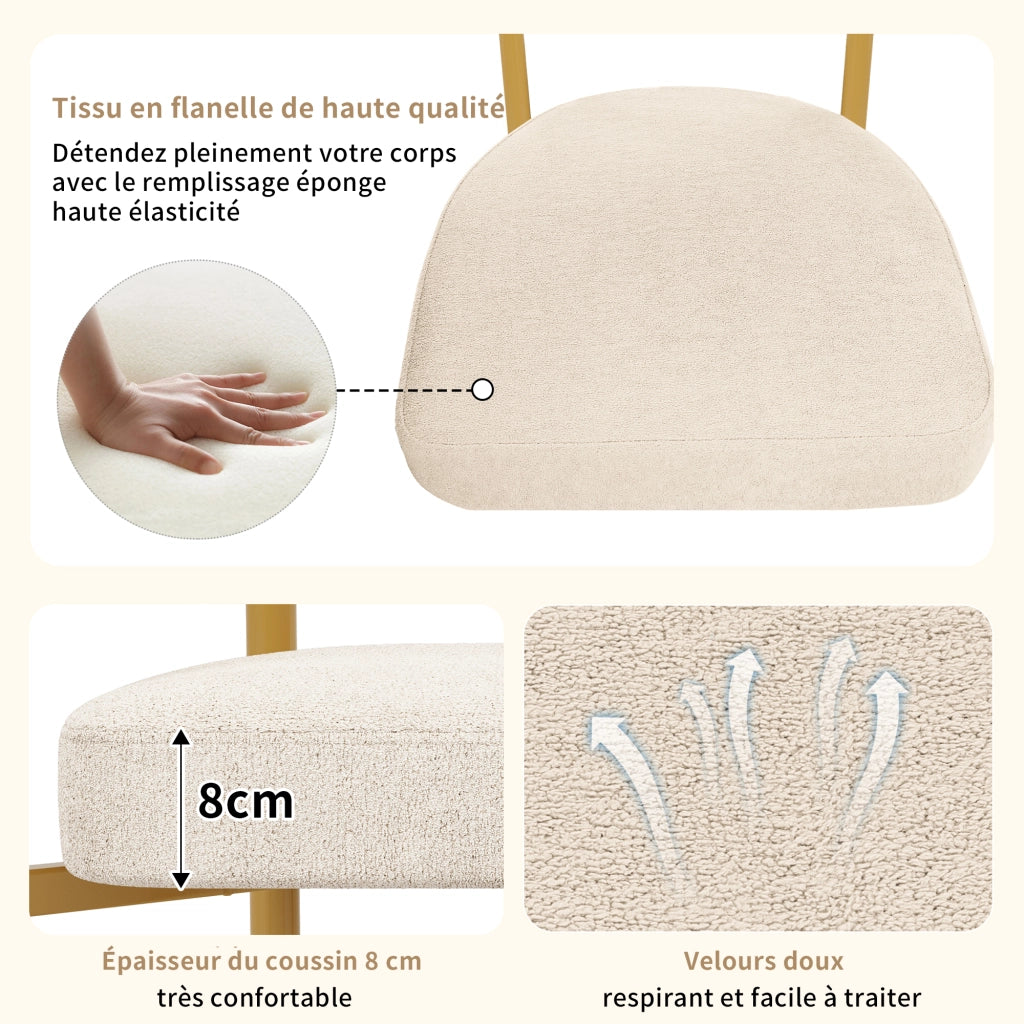 Sedia da sala da pranzo in velluto con seduta ampia e schienale ergonomico, struttura in metallo beige 70 × 62 × 84 cm