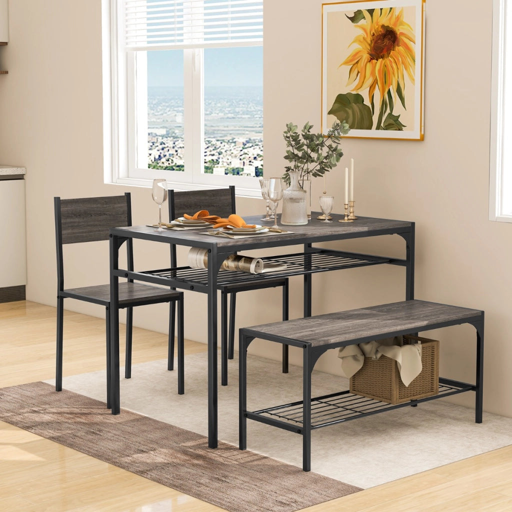 Set da pranzo 4 pezzi con telaio in metallo ripiano portaoggetti-Tavolo da pranzo con 2 sedie panca per 4 persone Grigio scuro