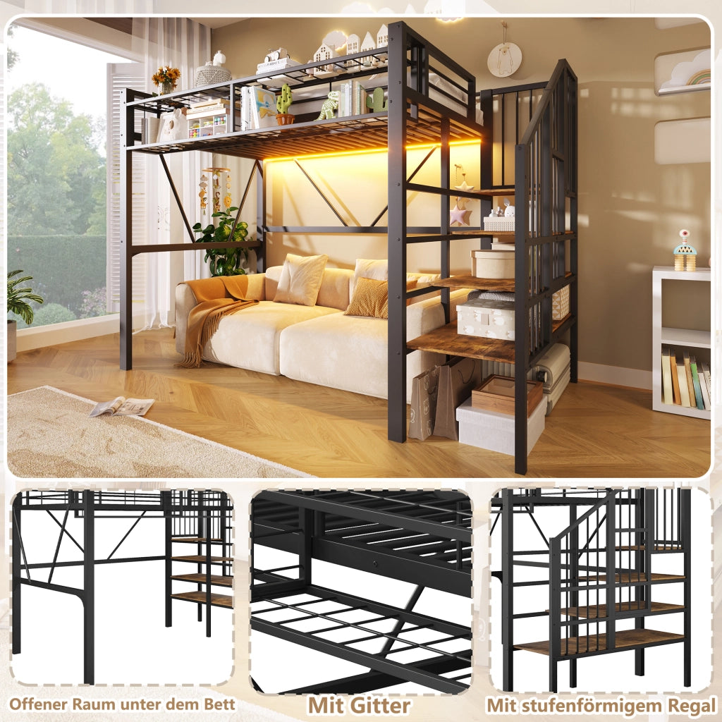 DESMIU Letto a soppalco 90 × 200 cm 1 posto con ripiani, LED regolabile, senza materasso, in metallo e MDF, nero