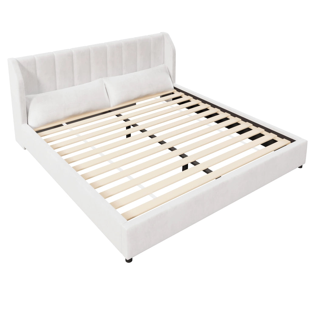 Letto matrimoniale imbottito 180x200 cm in stile francese con testiera capitonné; rete a doghe e velluto beige