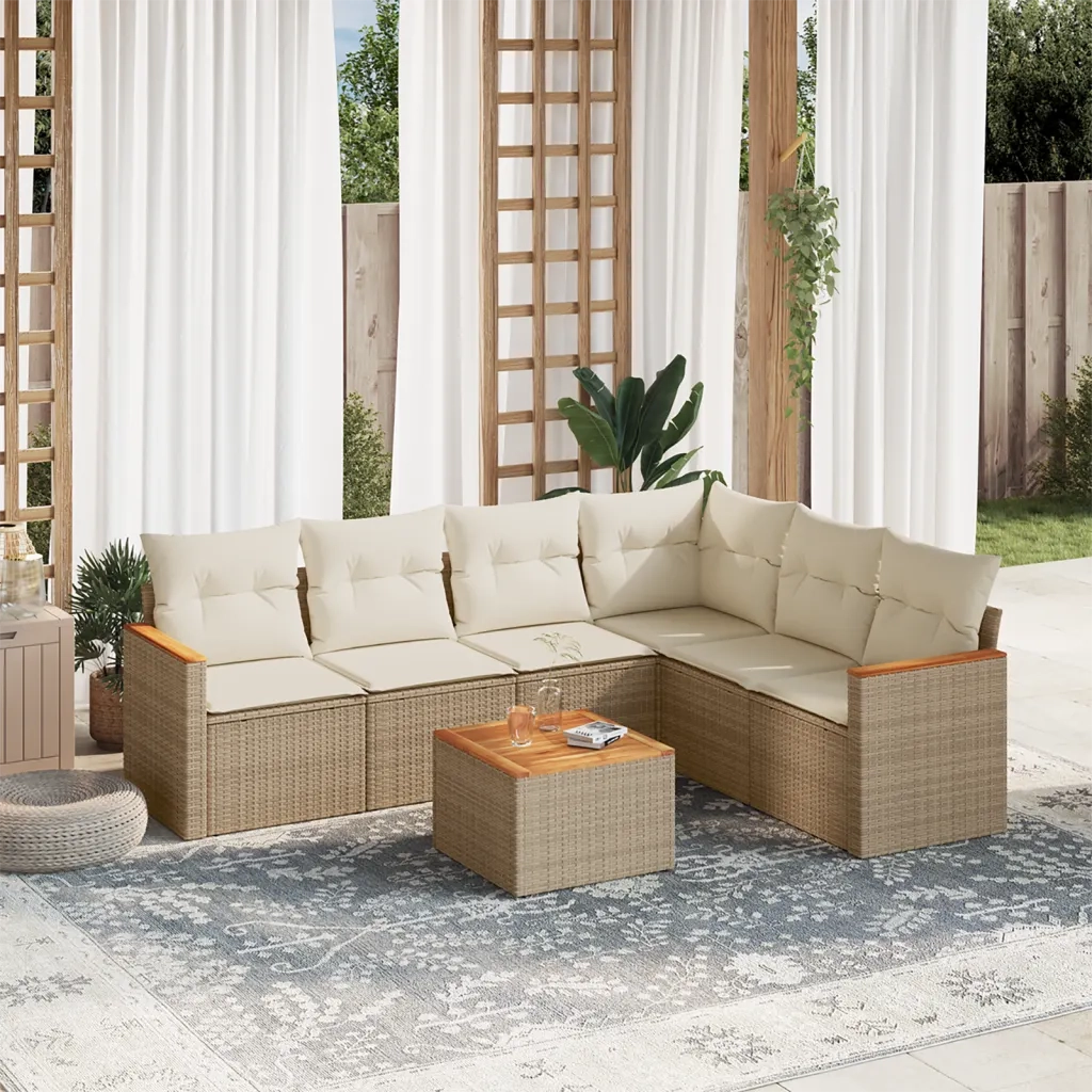 Set Divani da Giardino 7 pz con Cuscini Beige in Polyrattan