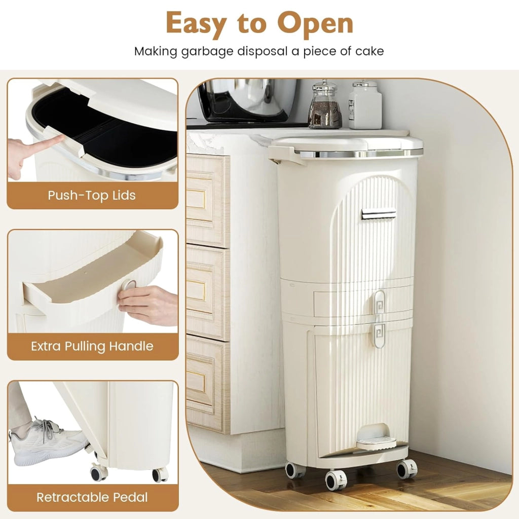 Pattumiera 38L/42L, cestino per il riciclaggio in PP con 3 scomparti, pedale, coperchio con pulsante e ruote, contenitore per cucina, bagno, ufficio (crema, 3 secchi+1 cassetto)