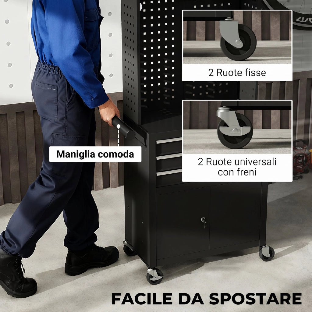 Carrello Porta Attrezzi 69x33x133 cm con Piano di Lavoro 3 Cassetti Pannelli Forati in Acciaio Nero