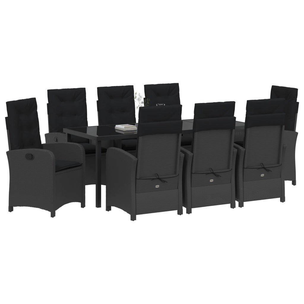 Set da Pranzo da Giardino 9 Pezzi con Cuscini Nero in Rattan Poliestere
