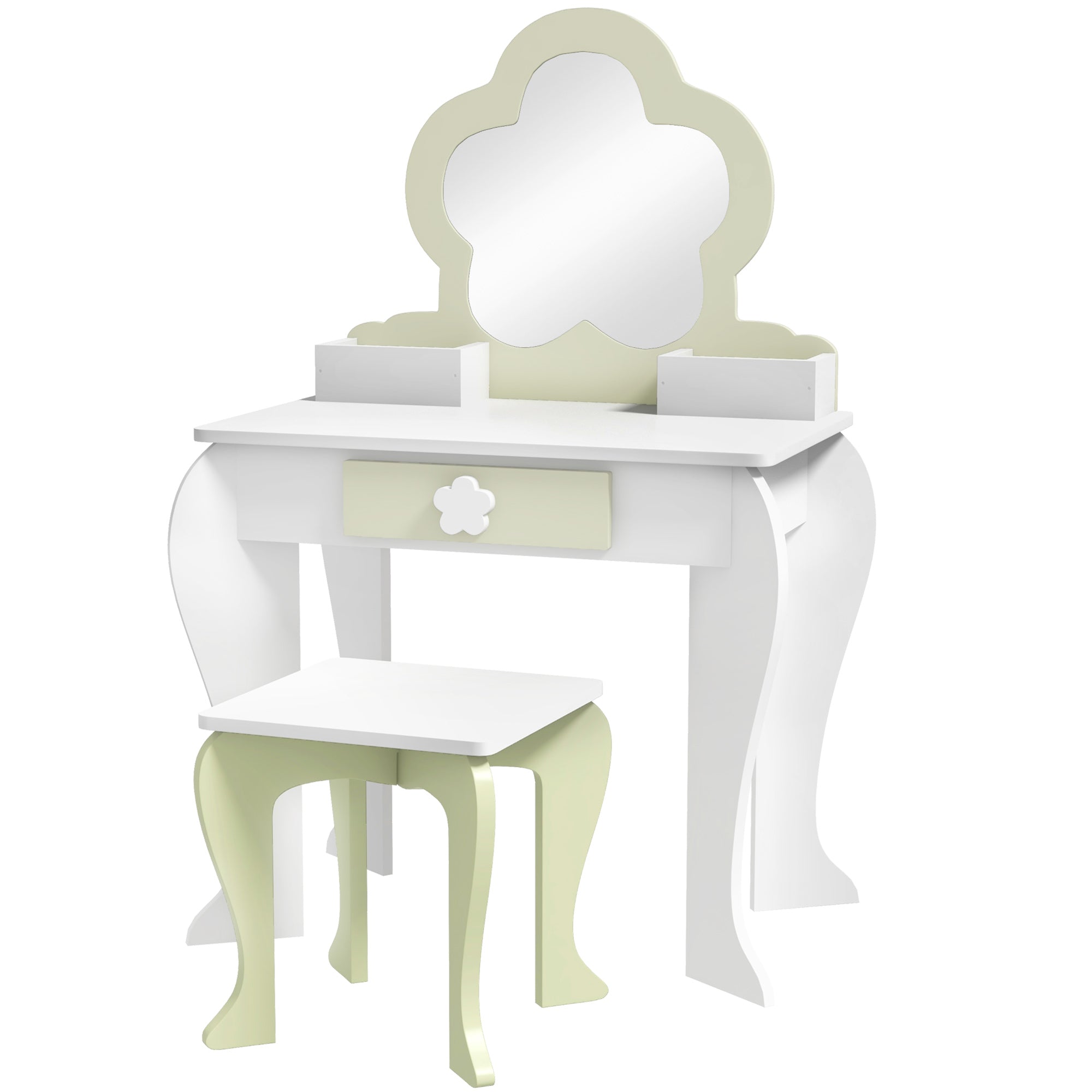 Set Toeletta per Bambina con Specchio Trucco in Acrilico e Sgabello Abbinato in MDF Bianco