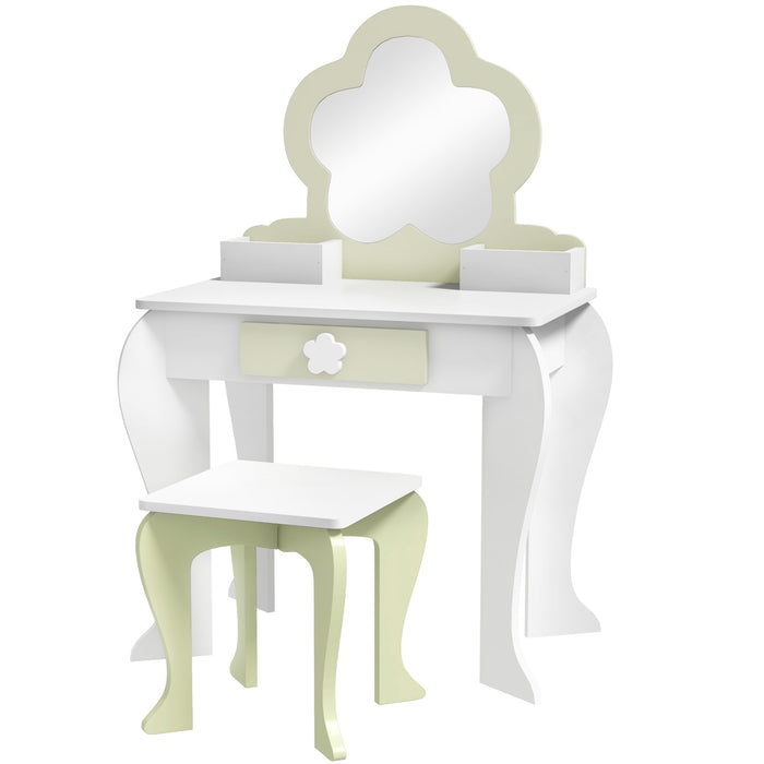 Set Toeletta per Bambina con Specchio Trucco in Acrilico e Sgabello Abbinato in MDF Bianco