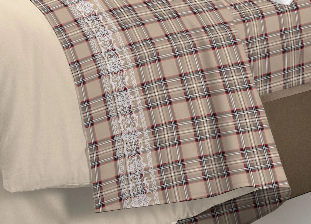 Completo Lenzuola Flanella Pensieri Delicati 100% Cotone Disegno Cervo Tartan - Matrimoniale - Beige